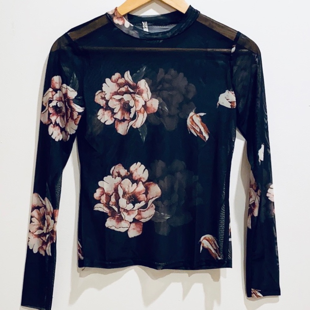 Silky Soft Floral Sheer Mesh Long Sleeve Top Black & Pink - Picture 11 of 12
